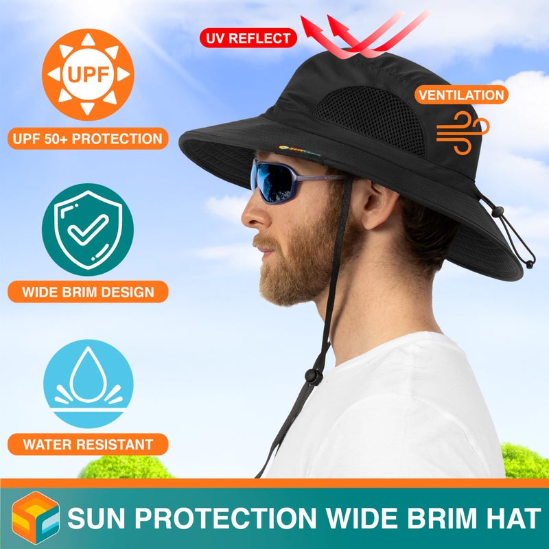 Suncube SUN CUBE Wide Brim Sun Hat Men Women, Mens Fishing Hats Sun UV Protection, Womens Hiking Bucket Hat, Outdoor Summer Safari Beach Boonie, Camping Unisex UPF 50+, Black - Image 4